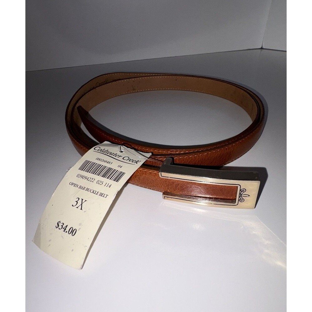 Coldwater Creek Tan Leather Belt NWT Plus Size 3X Silver Buckle Open Bar 3/4 In